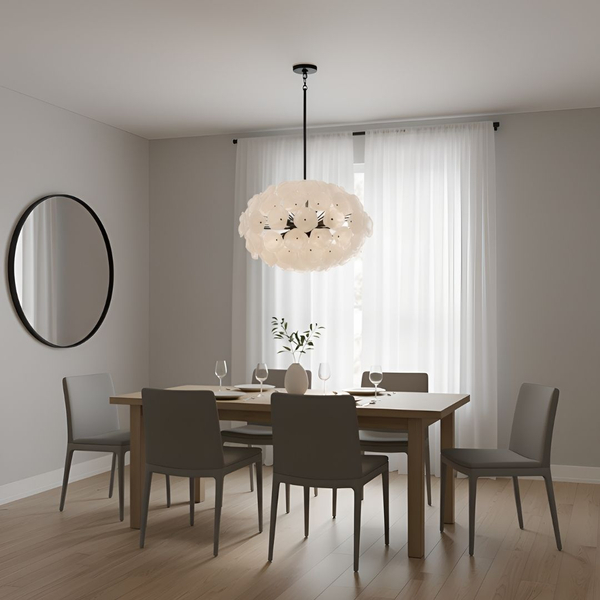 Image of a modern chandelier over a dining room table