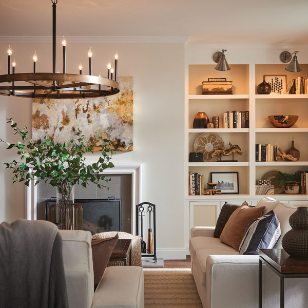 living room, warm tones, cozy bookshelf lighting