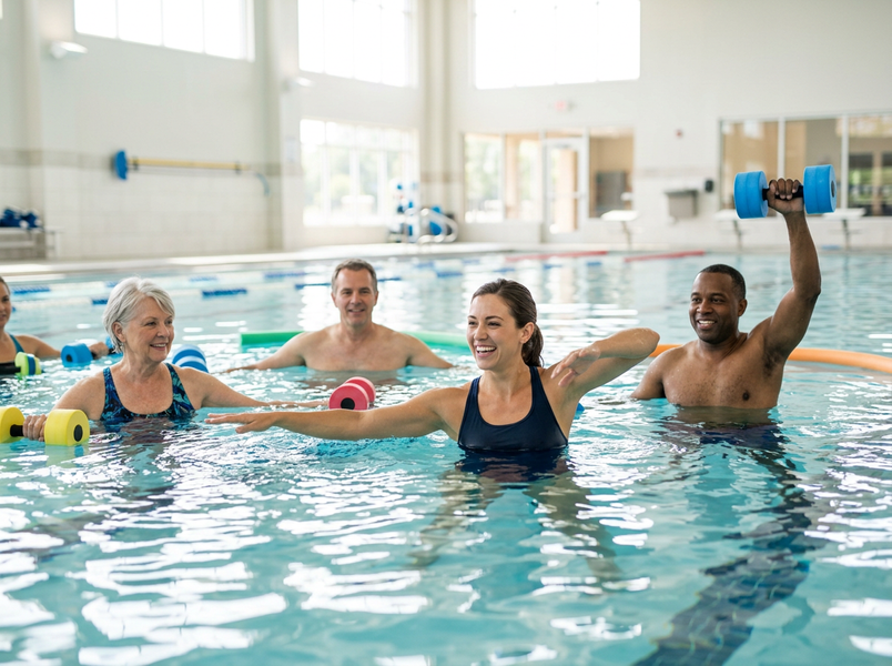A diverse group of smiling adults participates in a water aerobics class in a bright indoor pool, using colorful water dumbbells and noodles. Adults Enjoying Water Aerobics Class