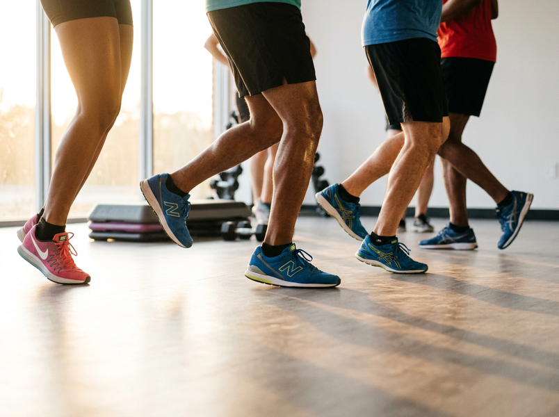 Close-up of diverse individuals' legs and feet in colorful athletic shoes, moving across a sunlit gym floor during a group workout session. People Exercising in a Gym