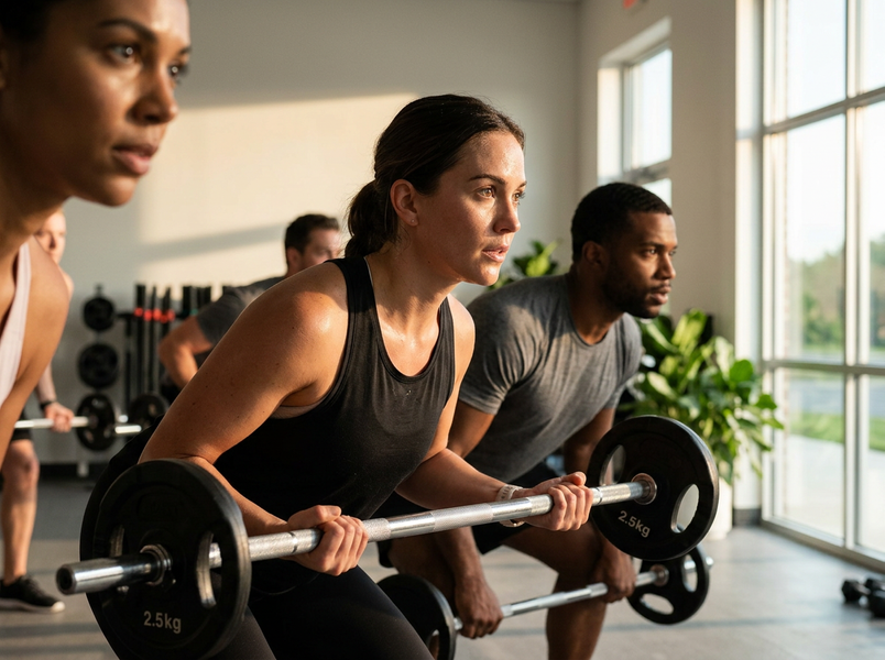 A diverse group of focused individuals intensely lift barbells in a bright, modern gym setting during a fitness class. Group Weightlifting Session in a Modern Gym