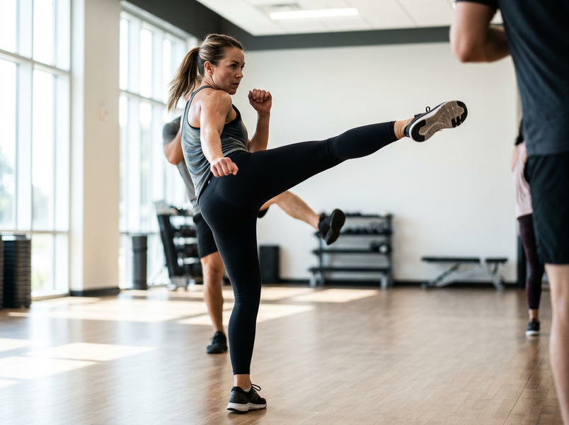 Woman Performing High Kick in Fitness Class