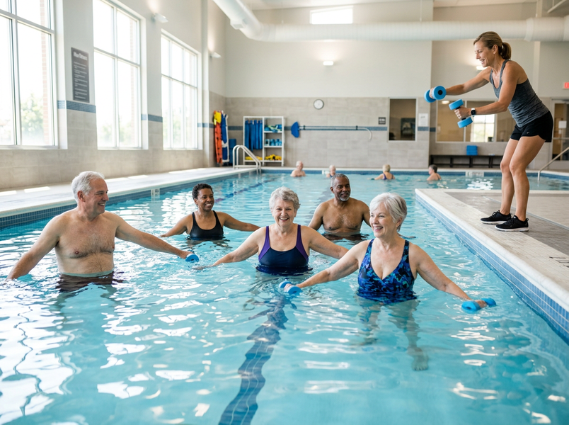 A diverse group of smiling seniors performs water aerobics with blue dumbbells in an indoor pool, guided by a female instructor. Seniors Enjoying Water Aerobics Class