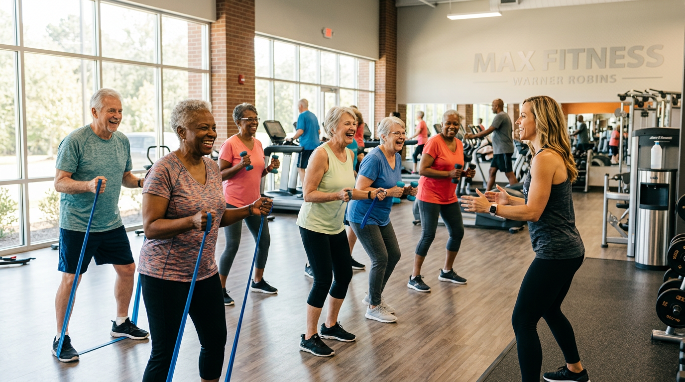 Smiling senior adults exercising in a group fitness class at Max Fitness