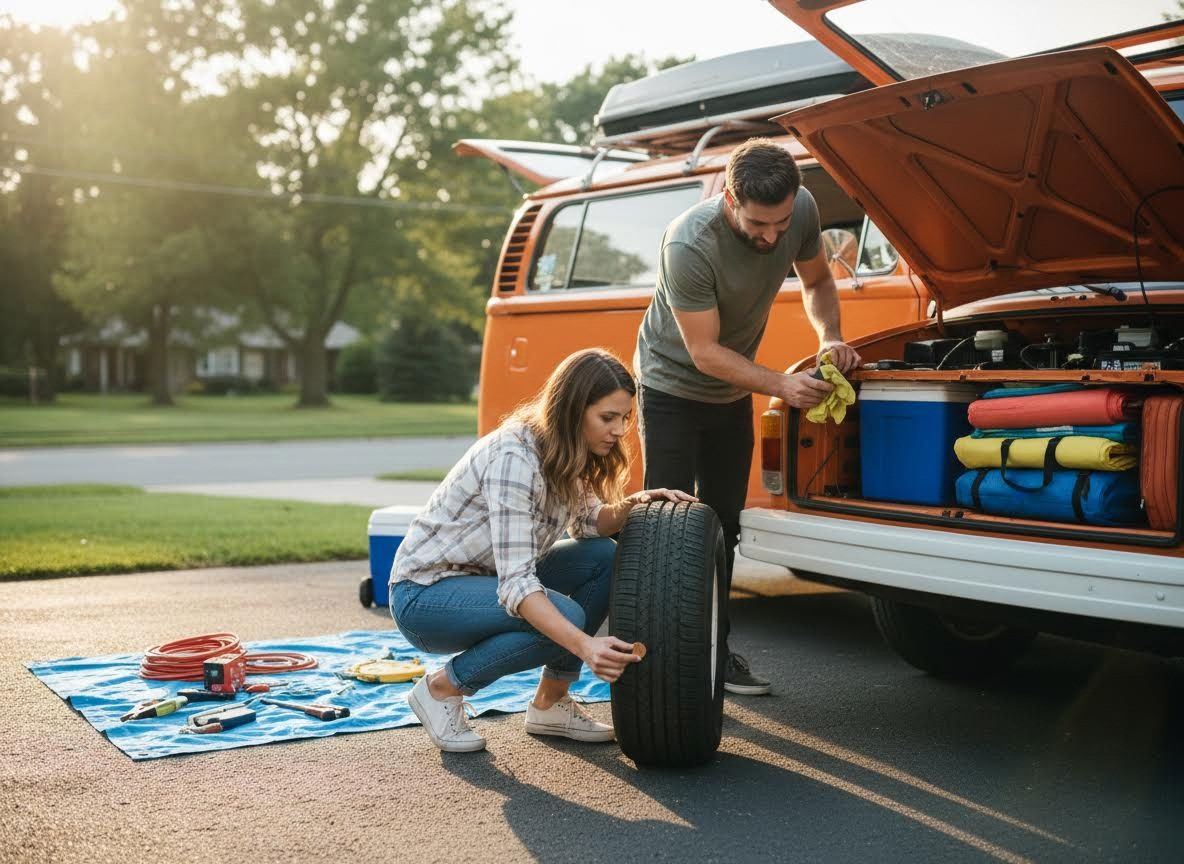 Couple preparing vintage camper van for a road trip