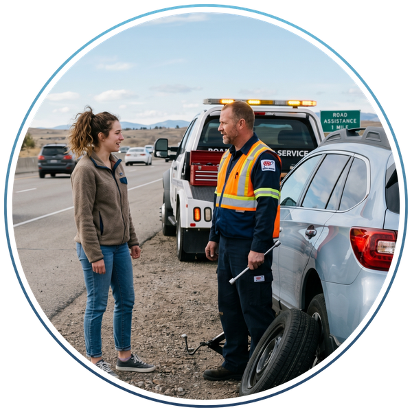 Lady talking to a mechanic about her car tires