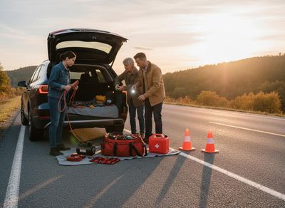 A family uses an emergency kit and jumper cables for their broken-down SUV on a roadside with safety cones at sunset. Family roadside assistance with emergency kit