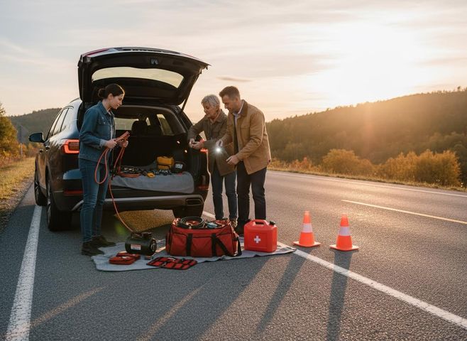 A family uses an emergency kit and jumper cables for their broken-down SUV on a roadside with safety cones at sunset. Family roadside assistance with emergency kit