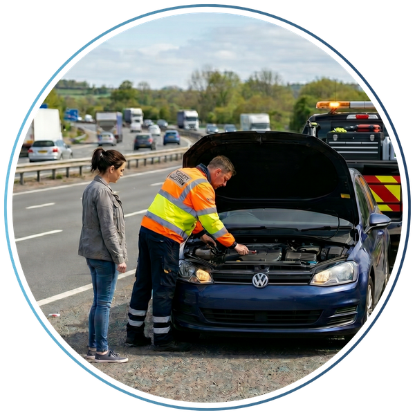 Roadside assistant looking at broken down car