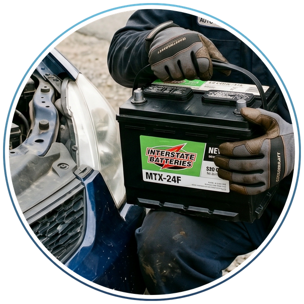 Mechanic holding a new car battery