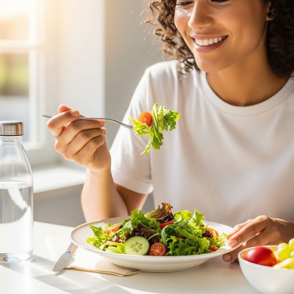 woman smiling eating salad woman smiling eating salad