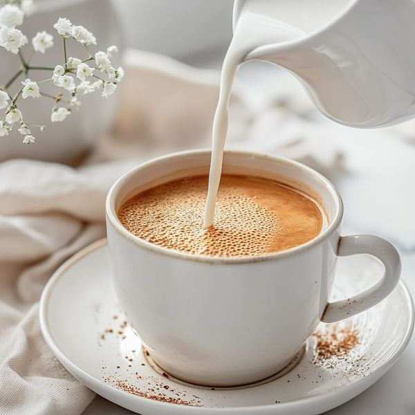 pouring creamer in coffee