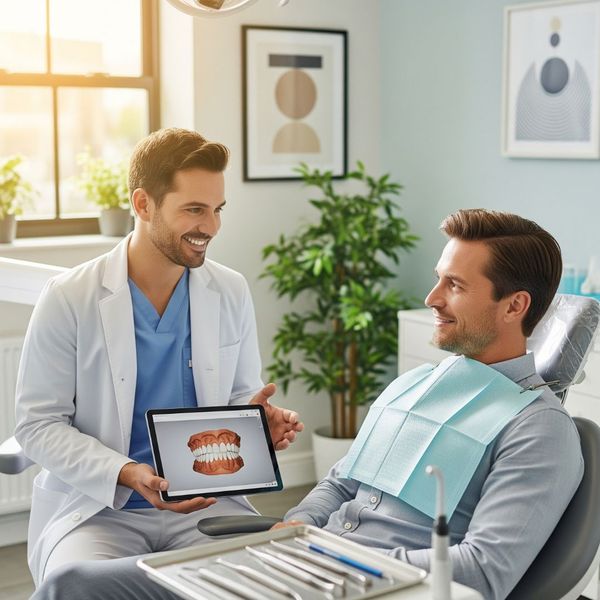 A friendly dental professional consulting with a relaxed patient. A friendly dental professional consulting with a relaxed patient.