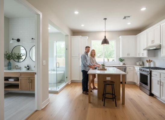 A smiling couple in a bright, modern kitchen with white cabinets, light wood floors, and a kitchen island, with a luxurious bathroom visible. Couple in contemporary kitchen with connecting master bath