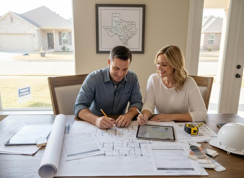 A happy couple sits at a table, smiling while reviewing house blueprints and digital designs on a tablet, with construction items. Couple reviewing home construction plans and designs