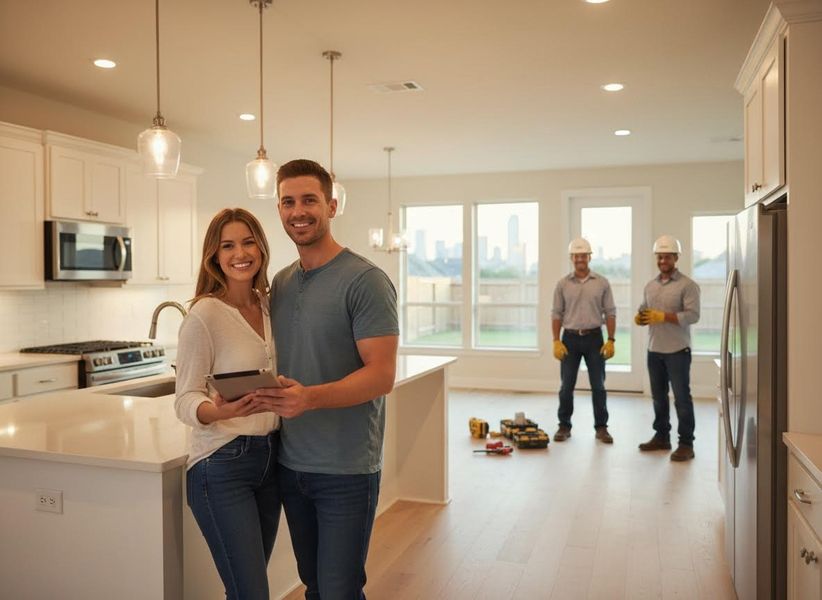 A happy couple reviews a tablet in a modern kitchen with white cabinets. Two construction workers stand in the background of the new home. Smiling Couple and Construction Workers in New Home