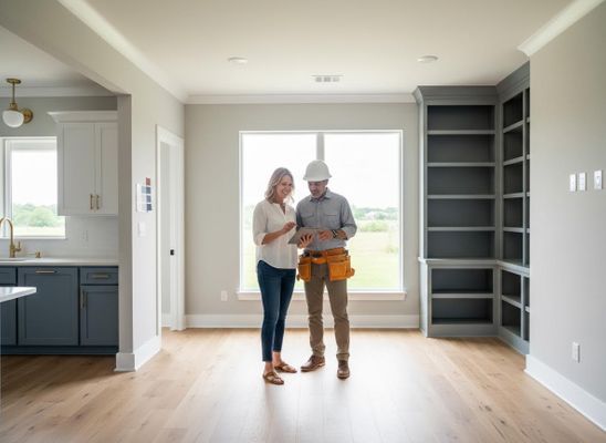 A woman and a contractor review plans on a tablet in a newly built, unfurnished room with hardwood floors, a large window, and built-in shelves. Woman and construction worker discussing plans in new home