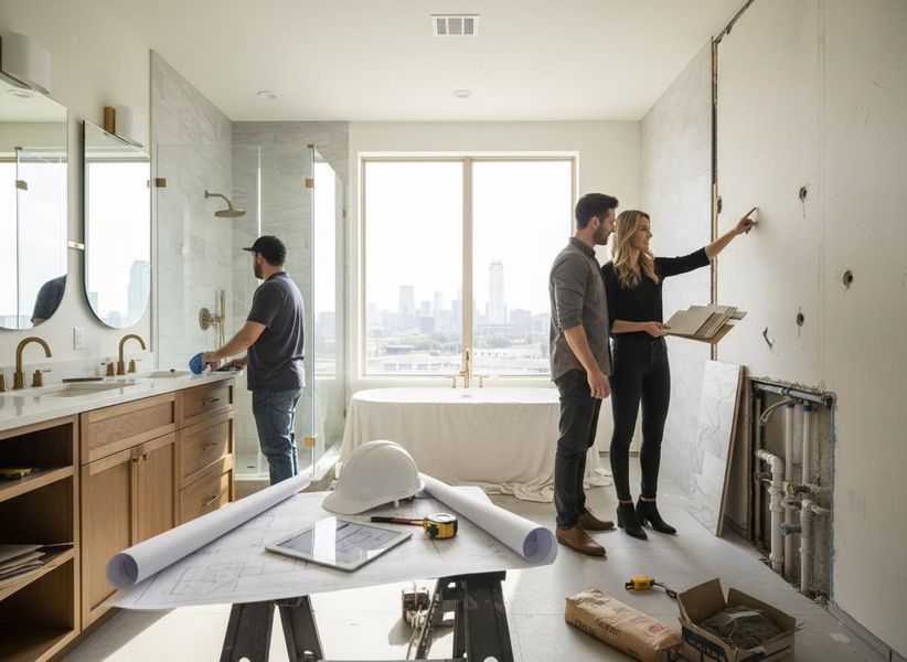 A couple discusses design choices with a contractor in a modern bathroom under renovation, featuring a city view, exposed walls, and tools. Bathroom Renovation Consultation with Clients and Contractor