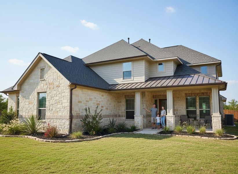 A happy family, a father, mother, and child, stand on the front porch of a large, modern two-story house with stone and beige siding. Family in front of their new stone and siding home