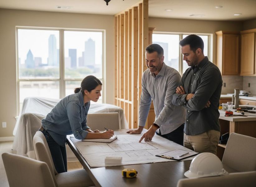 Three professionals review building blueprints on a table in a home under renovation with city views. One man points, the woman takes notes. Construction Team Reviews Blueprints