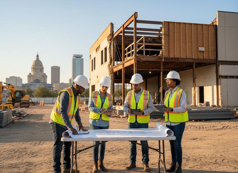 Four diverse construction professionals in hard hats and safety vests review plans at a demolition site with a city skyline in the background. Construction Team Discussing Blueprints on Site