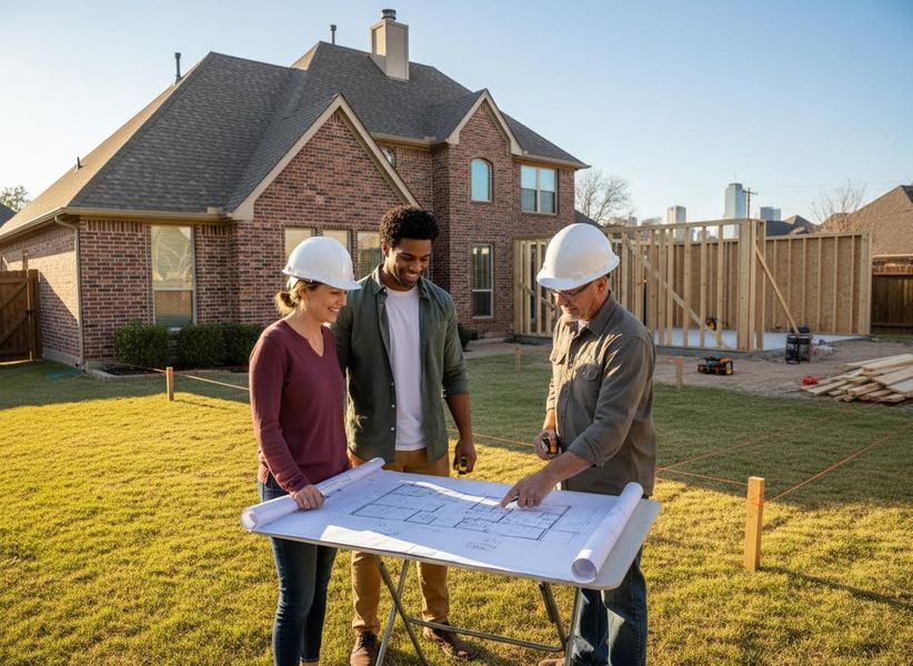 A couple in hard hats with a contractor reviewing blueprints for a new home construction or addition in a grassy backyard. Couple and contractor reviewing blueprints for home construction