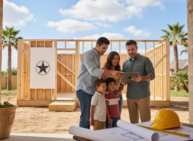 A family with two kids and a builder review construction plans on a tablet at a new home site with wood framing, blueprints, and hard hat. Family and Builder Reviewing Home Construction Plans on Tablet