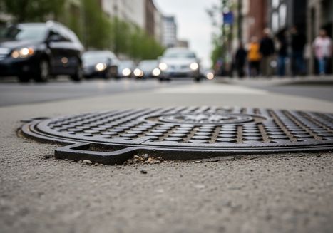 A close-up of a manhole cover embedded in an asphalt street, with cars and pedestrians blurred in the background, emphasizing the infrastructure beneath the urban environment. Manhole Cover on City Street