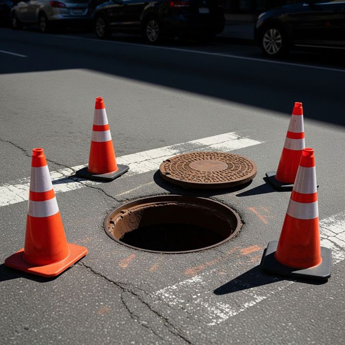 An open manhole on a street with the iron cover placed next to it, surrounded by four orange safety cones. An open manhole on a street with the iron cover placed next to it, surrounded by four orange safety cones.