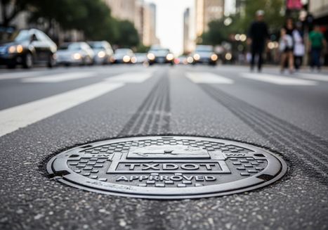 Close-up of a TXDOT approved manhole cover set in the asphalt of a city street, with blurred traffic and pedestrians in the background, focusing on infrastructure and urban scene. TXDOT Approved Manhole Cover on City Street