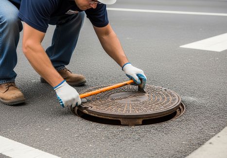 Worker Opening Manhole Cover on City Street