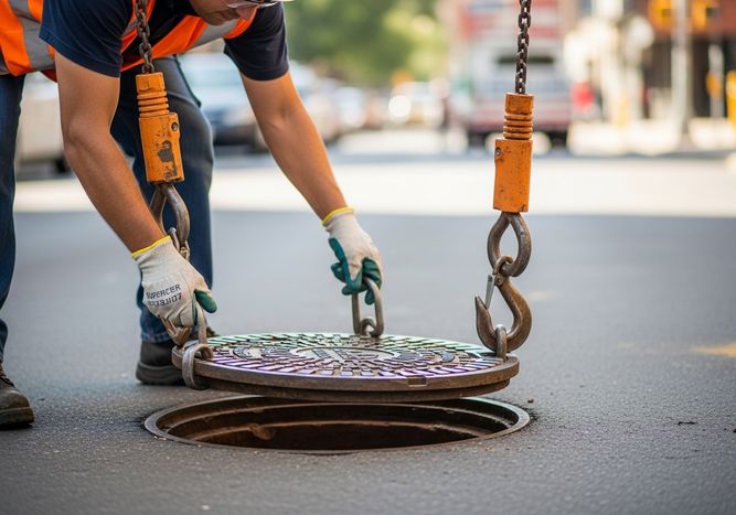 Worker Removing Manhole Cover with Chains