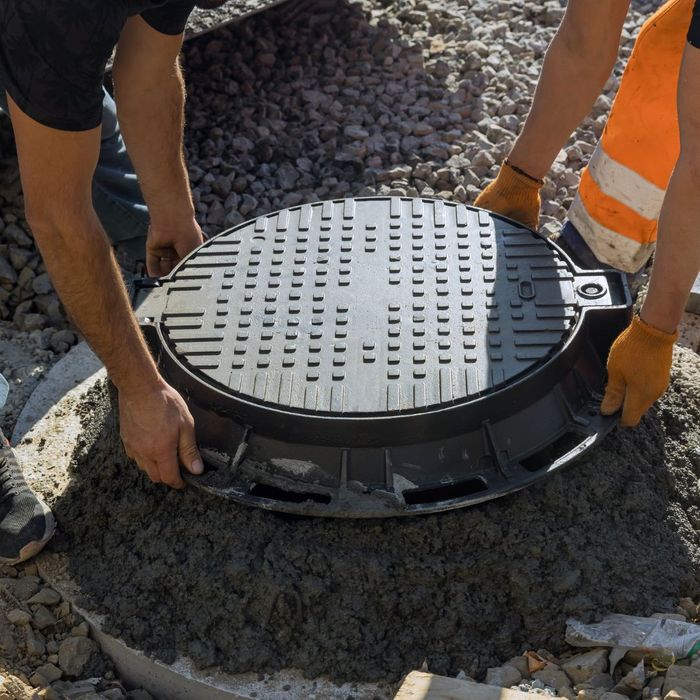 two men installing manhole cover