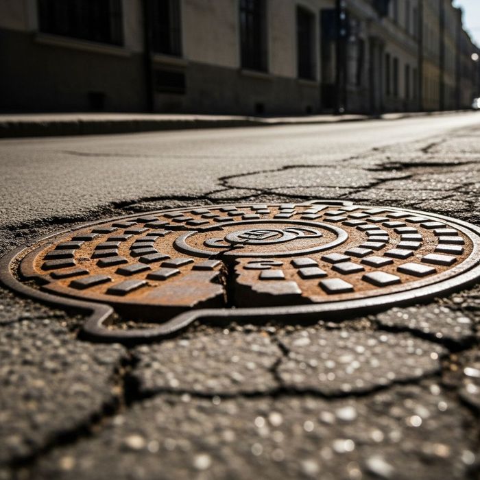 A low-angle close-up of a cracked iron manhole cover on a street with deteriorating asphalt. A low-angle close-up of a cracked iron manhole cover on a street with deteriorating asphalt.