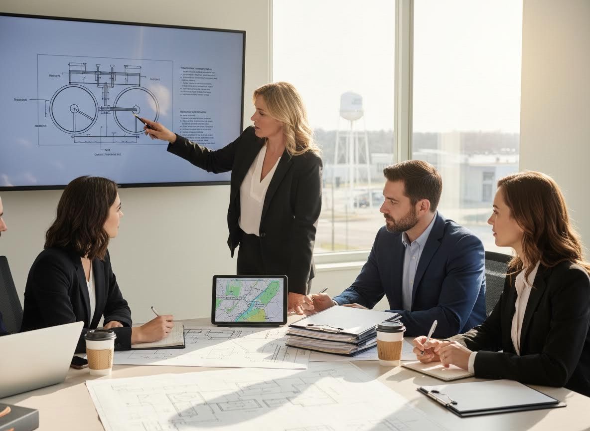 Team discussing engineering plans in a bright meeting room