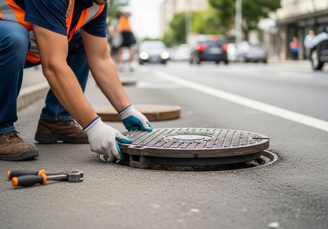 Worker Removing Manhole Cover