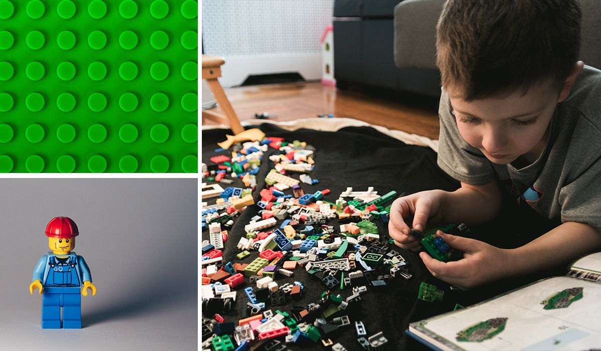 collage of boy playing with Lego