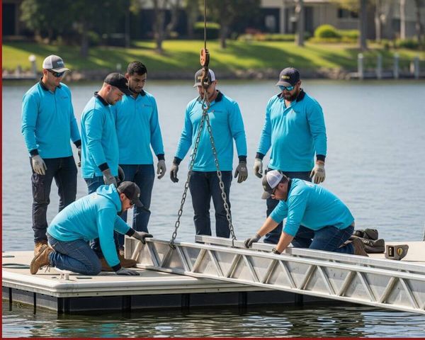 A team of our professional builders installing a custom galvanized steel dock with precision.