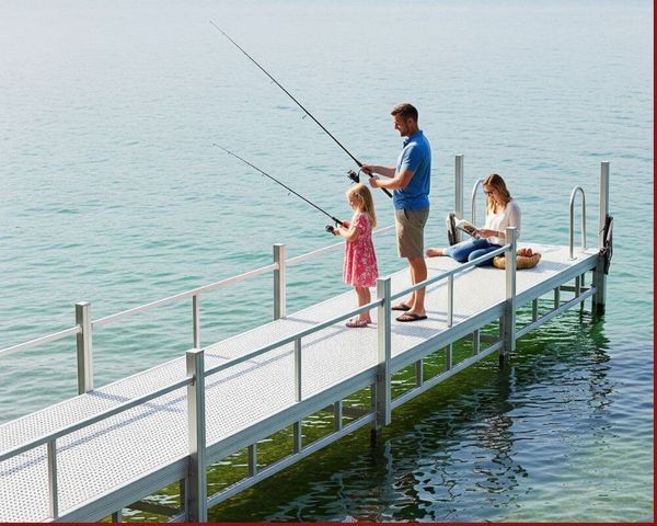 A family enjoying fishing off their clean, maintenance-free galvanized steel dock.