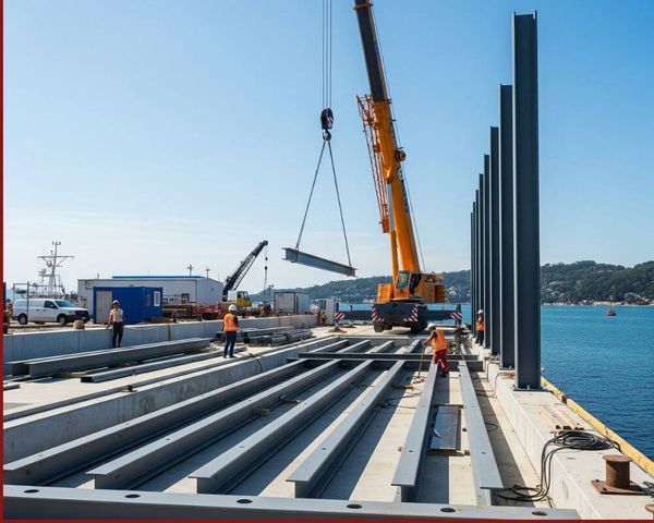 A crane lowers a section of bar joists into place on a commercial dock under construction.