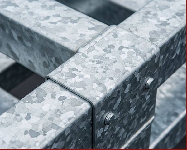 A close-up image showing the textured, protective zinc coating on a galvanized steel dock frame.