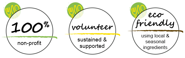 trust badges that read 100% non-profit, Volunteer sustained & supported, and Eco-Friendly using local & seasonal ingredients