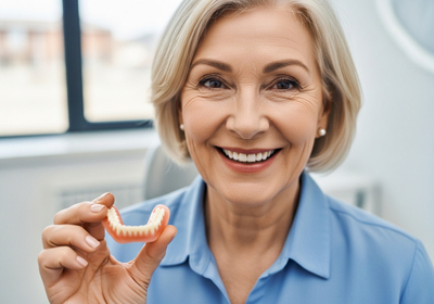 Smiling Mature Woman Holding Dentures