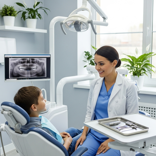 dental hygienist talking to a child patient