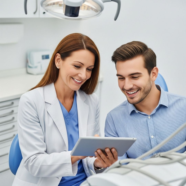 A dentist and patient in consultation over a tablet. A dentist and patient in consultation over a tablet.