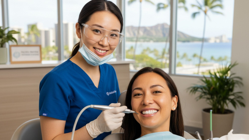 A smiling patient receiving a professional dental cleaning from a hygienist at a dental clinic in Honolulu.