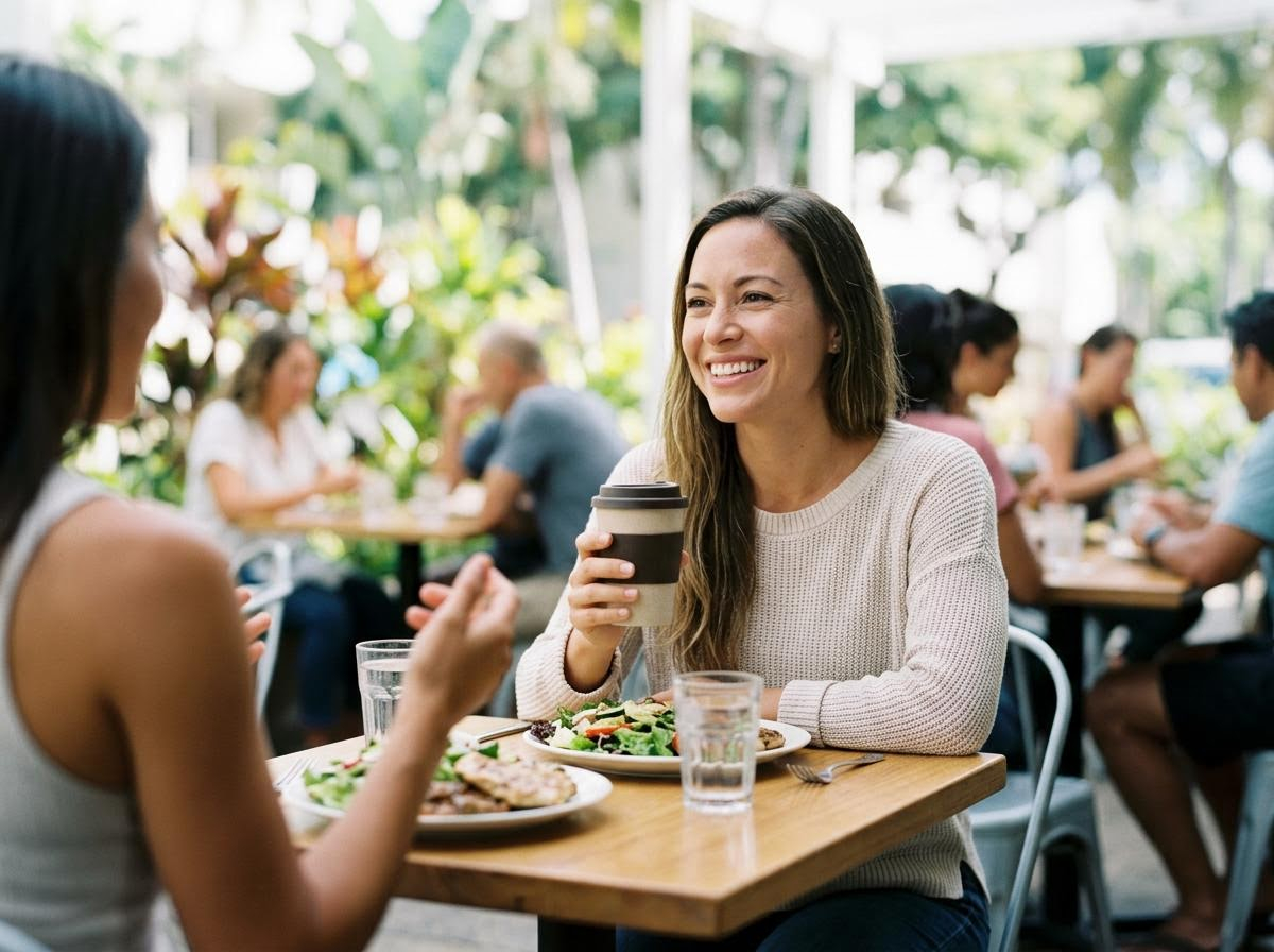 Women enjoying coffee and conversation at an outdoor cafe