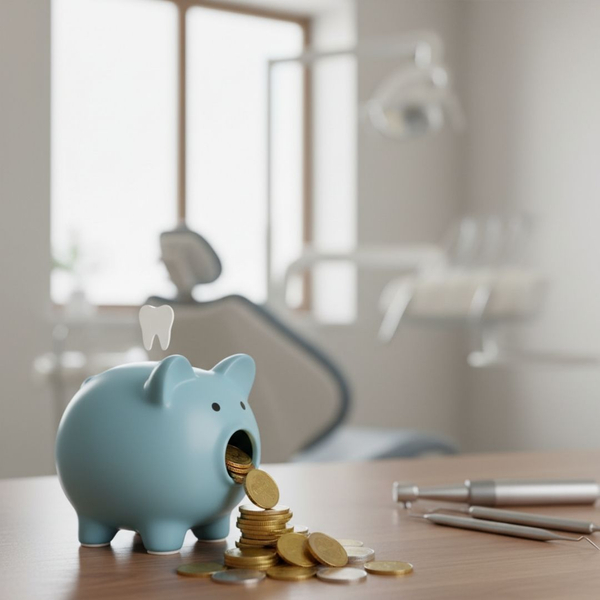 A piggy bank next to a tooth icon, representing the long-term financial benefits of preventive dental care.