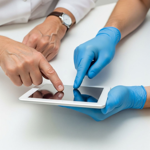 The hands of an experienced dentist and a younger dentist collaborating over a digital dental chart on a tablet The hands of an experienced dentist and a younger dentist collaborating over a digital dental chart on a tablet