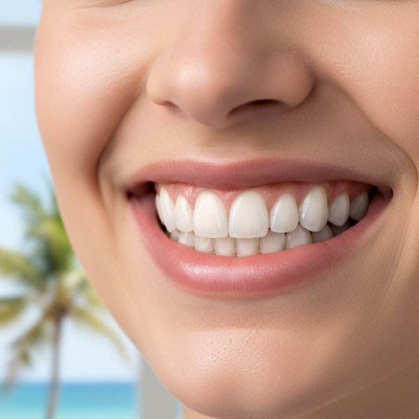 A close-up of a person's perfectly clean and sparkling white teeth after a cleaning.
